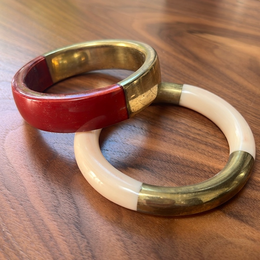 Antique bone/red and brass bracelet bangles - 2 - red, white